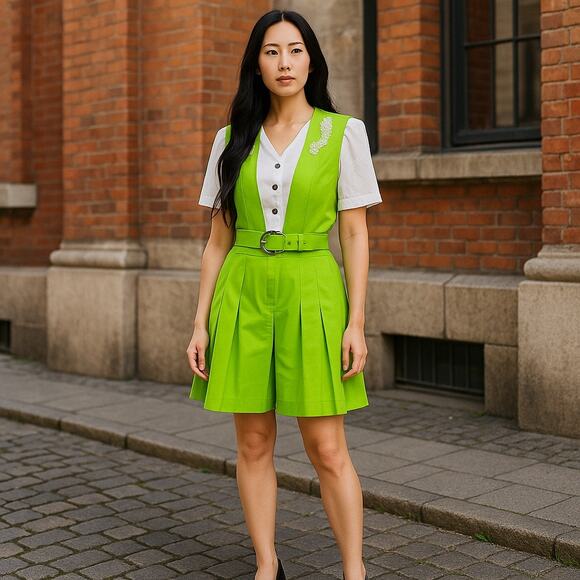 1960s Willy's Influence Lime Green & White Belted Romper Playsuit Lace Mod Go-Go - Picture 1 of 13